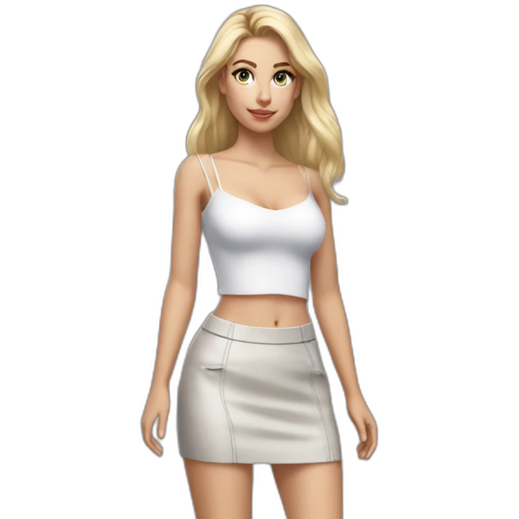 hyperrealistic caucasian long blonde hair brown perfect eyes woman white v-neck strapless top gray tight mini skirt walking towards camera emoji