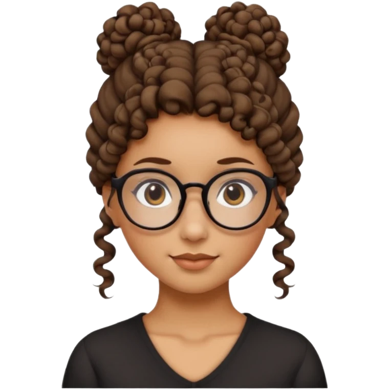 un chica con pelo rizado el peinadpo: un recogido osea todo el pelo recogido menos dos mechones alante que le llega hasta el cuello. luego pil un poco morena ojos marrones y tiene gafas negras y son exagonales pero un poco redondeadas.  emoji