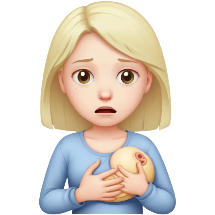 girl with strained facial expression, discomfort, holding stomach, constipation emoji