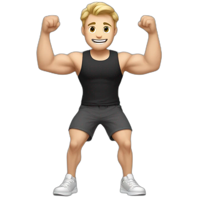 To belt Actively gesturing with hands Pale skinned Fit Man With the biceps and light brown hair in black shirt, gray sports shorts and white Sneakers emoji