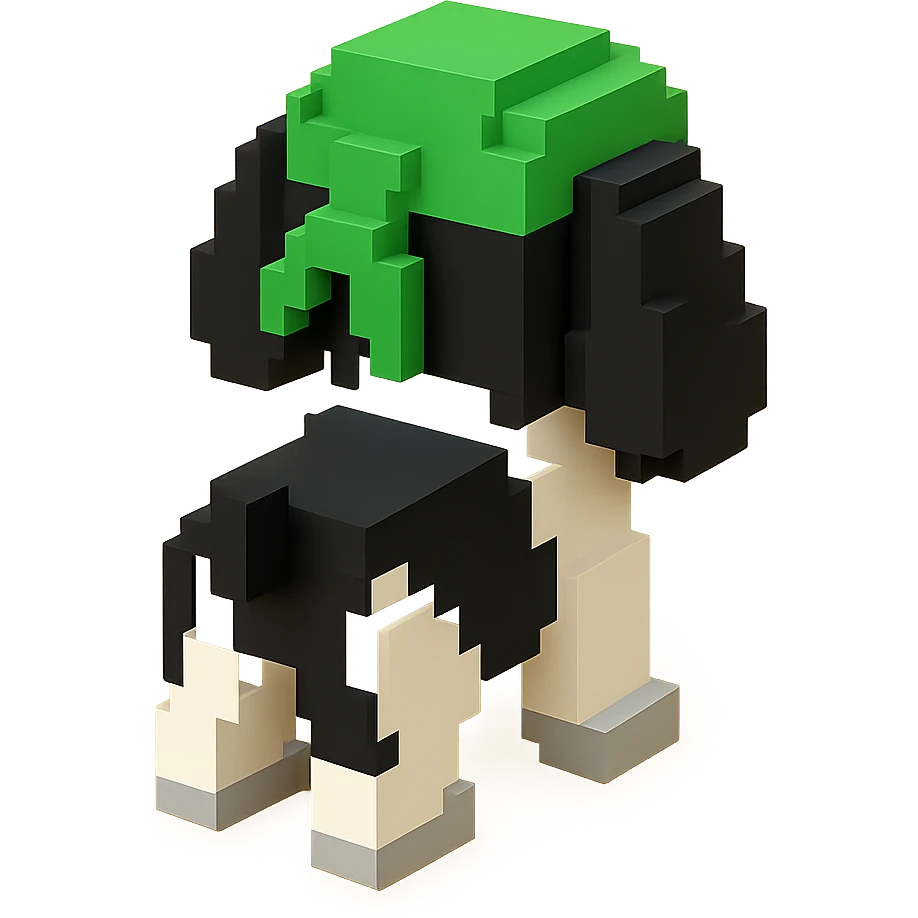 A black and white Russian Cocker Spaniel puppy wearing a green durag, facing backward emoji