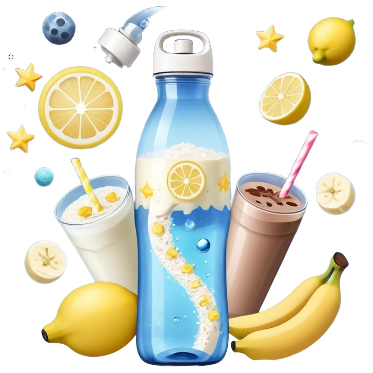Ethereal daily routine galaxy: water bottle with lemon, sun, rice and chicken, banana and protein shake, dumbbell, yogurt cup, fruit and chocolate, and moon all floating as separate celestial bodies connected by magical stardust trails forming a system emoji