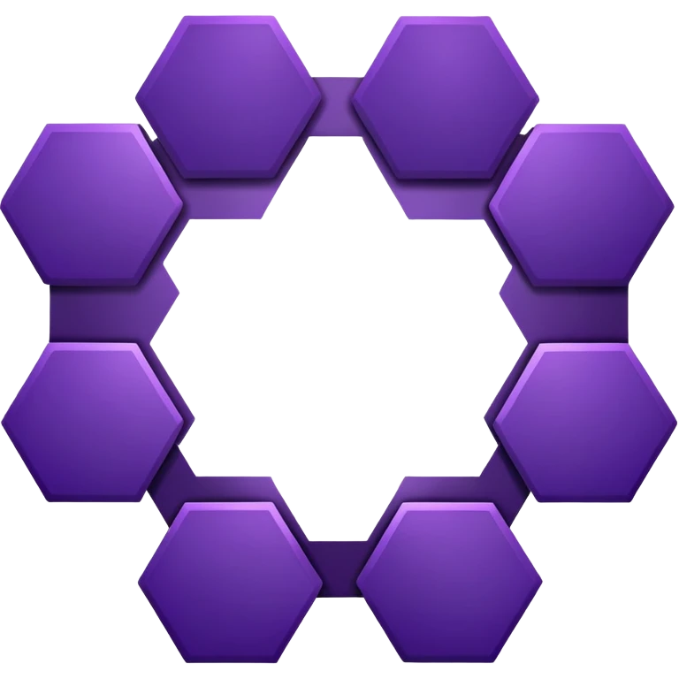 dark purple hexagon with a line going out from each corner, surrounding it on each side with a bit of space between them are elongated hexagons that surround the middle one to make a circular shape. the outside hexagons alternate between dark purple and light purple. emoji