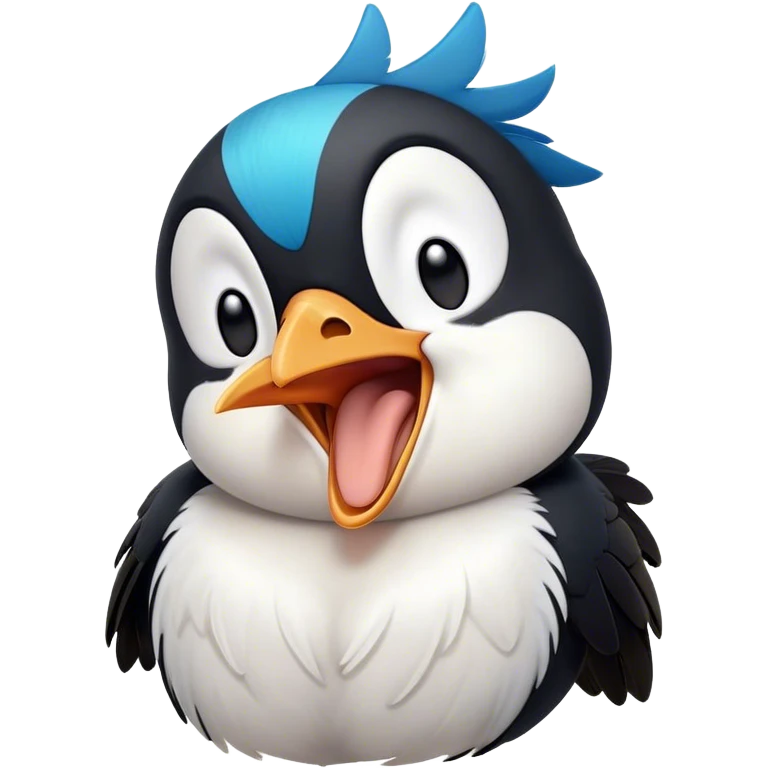 Cinematic Cute Yawning Magpie Portrait Emoji, Head tilted slightly with a dramatic, wide-open yawn, showcasing a sleek, contrasting feathered form with softly drooping wings and sleepy, half-closed eyes, Simplified yet irresistibly adorable features, highly detailed, glowing with a soft, cozy urban glow, high shine, relaxed yet expressive, stylized with a dash of whimsical charm, soft glowing outline, capturing the essence of a drowsy yet affectionate magpie that appears ready to stretch out for a nap! emoji