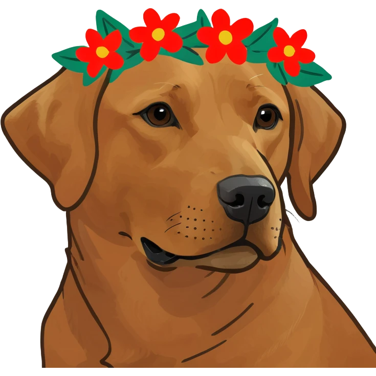Create an emoji with a red Labrador and a flower wreath around its head emoji