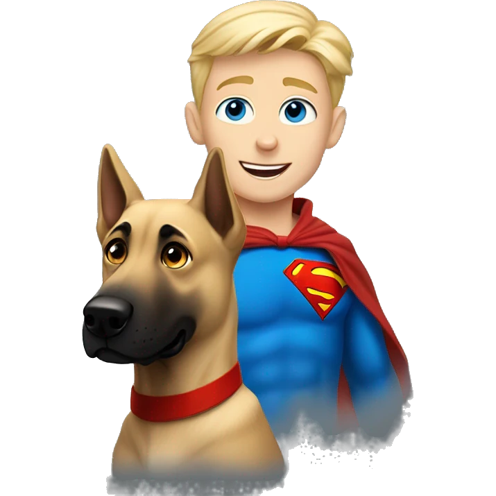 blond boy with blue eyes flying with his malinois dog superman emoji