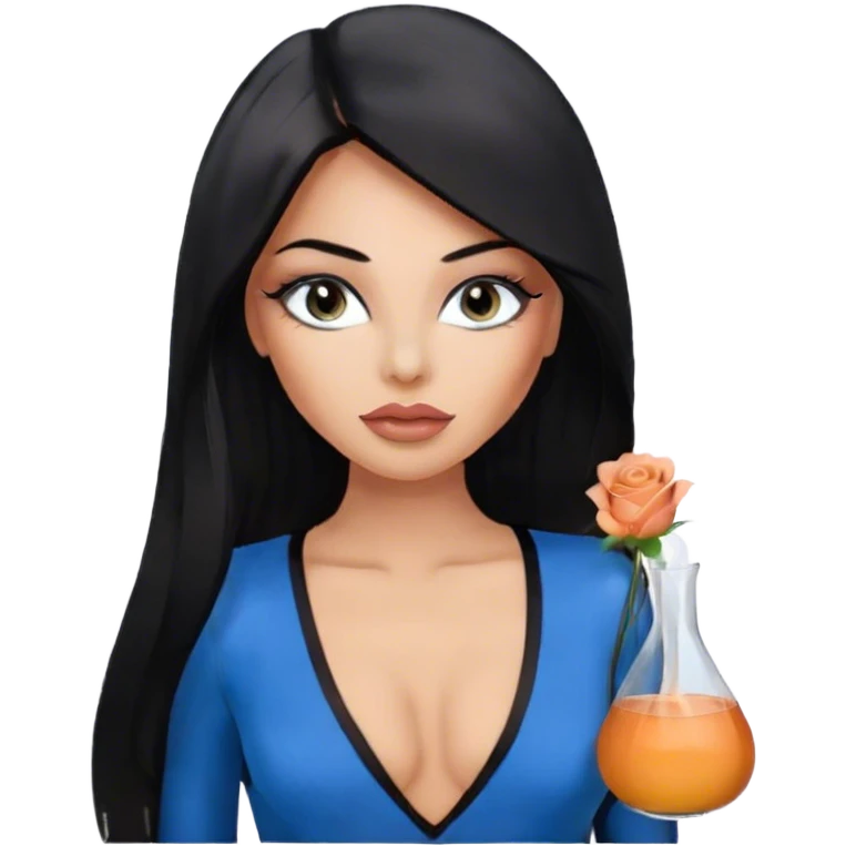 Glamours, tanned, very beautiful girl, with big pump peach-beige-rose lips, eyeliner, long lashes, black straight smooth silky long hair, straight parting hair, blue-grey eyes in black v-neck bodysuit emoji