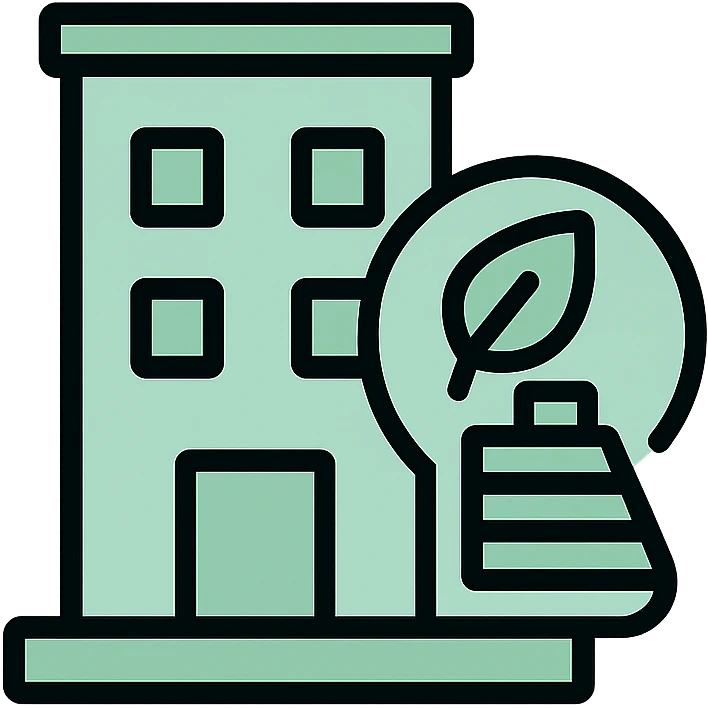 Skeuomorphic green building certification icon with mint green #B5F4D3 and black #111111 color scheme, showing a building with energy efficiency rating, clean symmetric design with subtle depth and soft light emoji