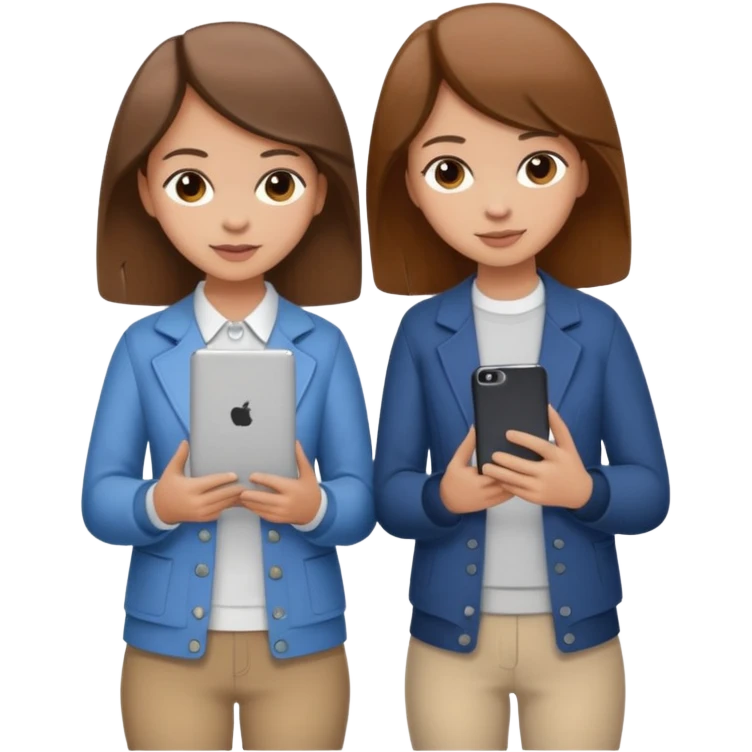 two brown haired girls, looking professional maybe leaned on each others back and looking forward and using phones, with longer hair and with some cute clothes without ties, one girl can hold lap top another one can hold the phone emoji