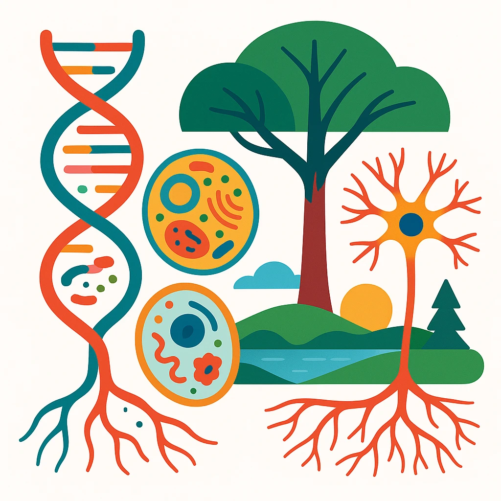 A realistic biological illustration (like in a school book) showing: DNA strands transitioning into a tree, cells with visible organelles, neurons connected to plant roots  and a balanced ecosystem background . Seamless integration, no labels or borders, complete white background (not off white!), detailed but minimalist.  emoji