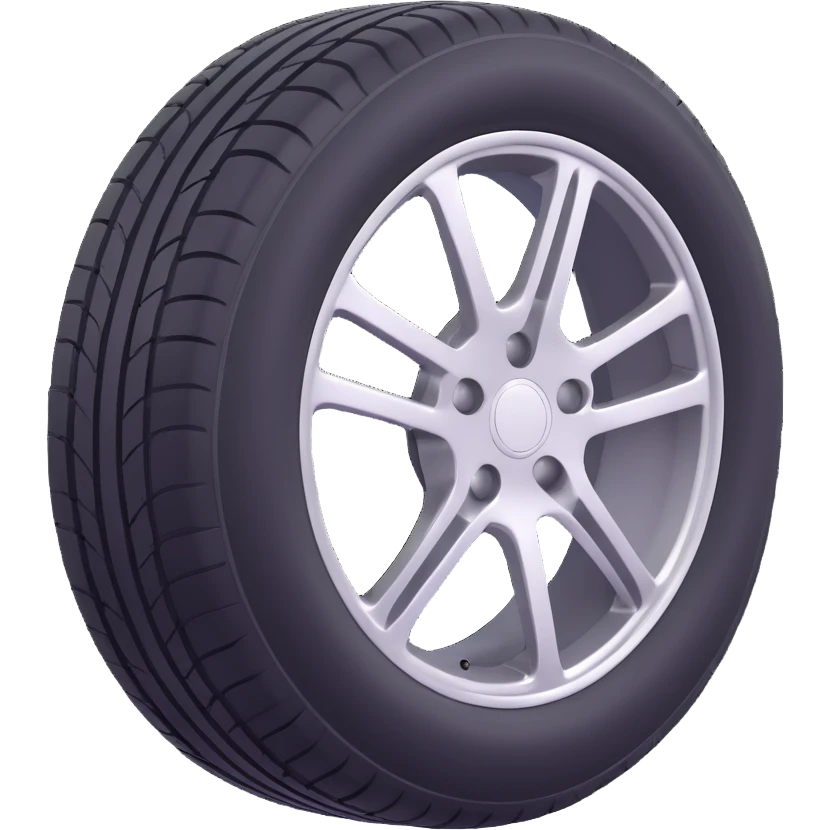 3D emoji style car tire, side view, black rubber, silver rim, simple and expressive emoji