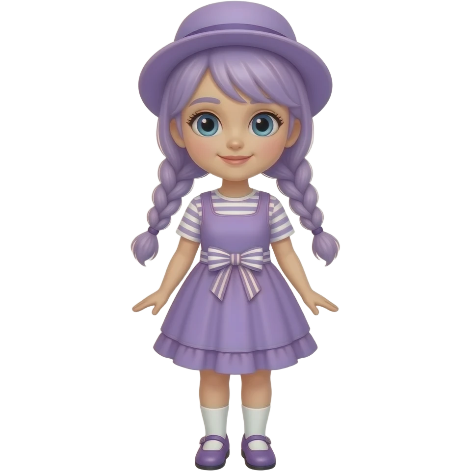A girl with pale purple hair tied in braids and blue eyes, wearing a pale purple dress with white striped short sleeves and skirt, a pale purple frill, and a pale purple and white striped waist bow, pale purple shoes with white socks, and a pale purple hat. emoji