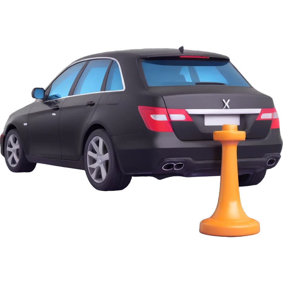black luxury car with a visible dent, hammer and rod forming an X on the rear right corner, reflection lamp above rear illuminating damaged area, elegant and modern emoji