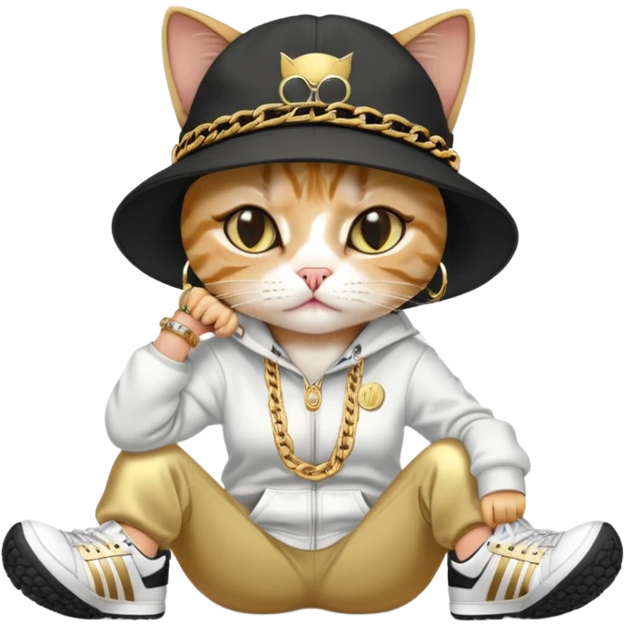female cat lying horizontally on the ground, crying, dressed like Run DMC with tracksuit, fedora, Adidas shoes, lots of gold chains, rings, bracelets, earrings, no sunglasses emoji