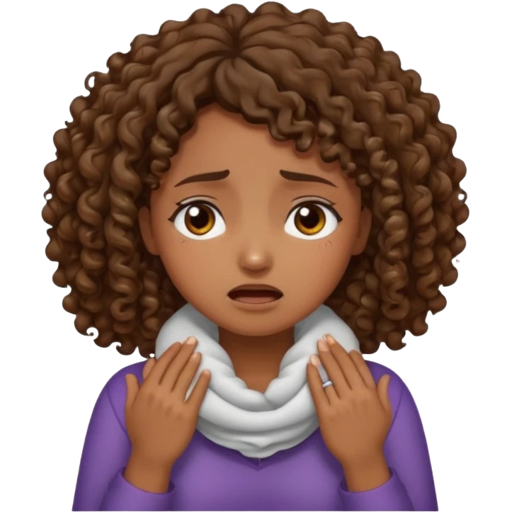 Medium  dark skin tone curly brown hair girl with her hands around her neck crying  emoji