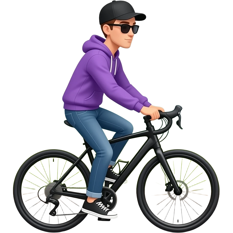 tall skinny guy with black basecap, purple hoodie, sunglasses and jeans rides a black e-bike with nature in the  background. emoji