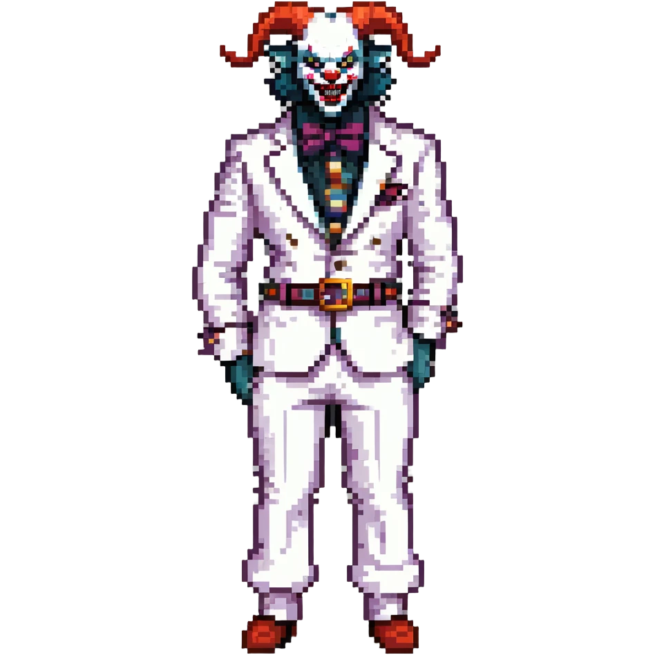 full-body demonic clown in a white leisure suit with bellbottom pants, bald, with black ram horns, flashy belt, ruffled shirt, no neck tie, large fangs in mouth emoji