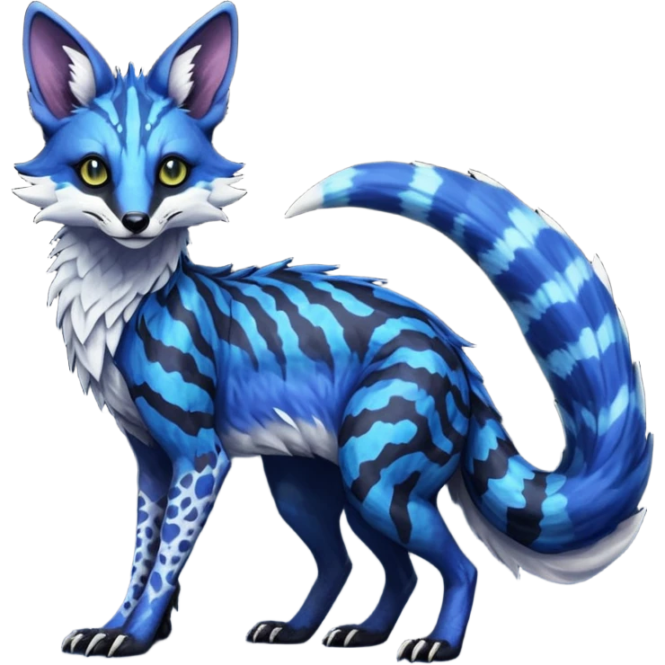 Feral Rare Fantasy scaled scaly evil spooky vibrant dark shady shaded detailed deep-dark-cobalt-blue-gradients-colored colorful Vernid-Sergal-Genet-Trico-Fox-species by LiLaiRa, with dark-blackish points, white belly, random markings, tufted tail, tufted ears, full body emoji