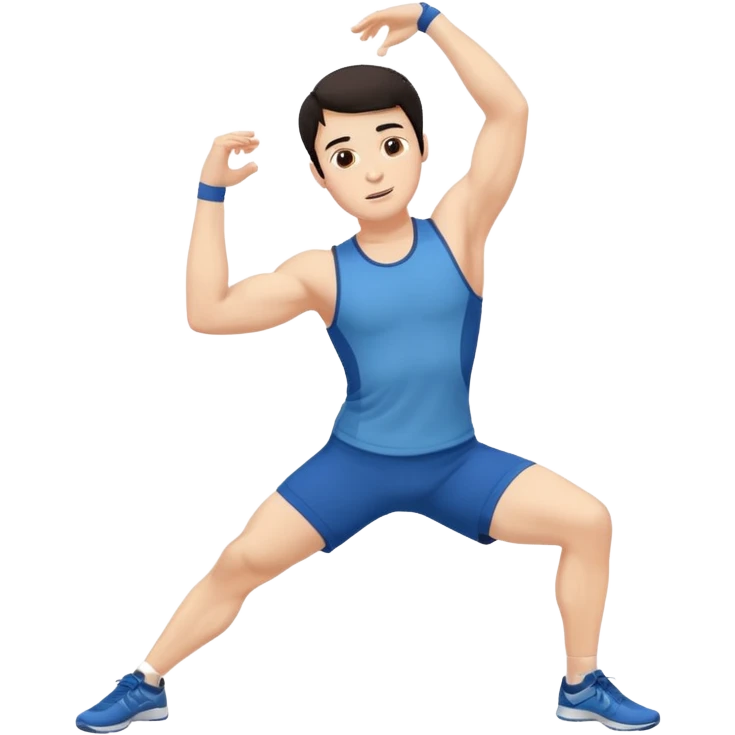 Hombre blanco pelinegro haciendo ejercicio de estiramiento, calentamiento emoji
