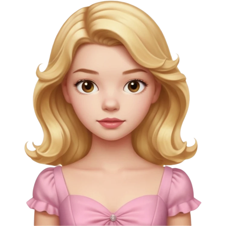 Cinematic Realistic Anya Taylor Joy Portrait, depicted with lifelike skin texture, subtle rosy undertones, and soft natural lighting that enhances the sweet blush contours of her face. Her intricately detailed golden blonde hair is elegantly wavy, and pink dress corquette emoji