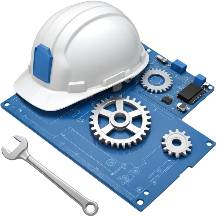An icon featuring a gear, a wrench, and a blueprint, symbolizing engineering. The design includes a hard hat, a circuit board, and a ruler, representing problem-solving, design, and technological innovation across various engineering fields. Transparent background emoji