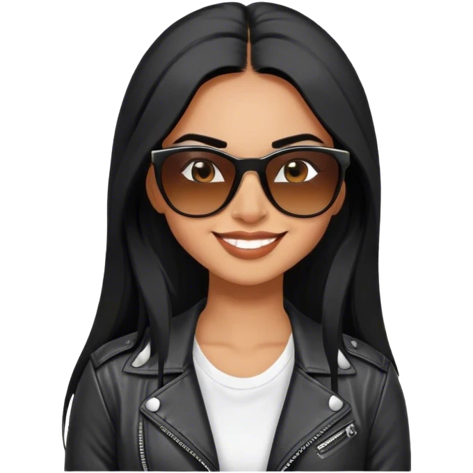 beautiful fit woman, with long straight black hair, with make up, black eye liner, smile mooth close, mexican, brown skin, wearing white tee, wearing leather black jacket, solar wayfarer on the tip of the nose, flirting emoji