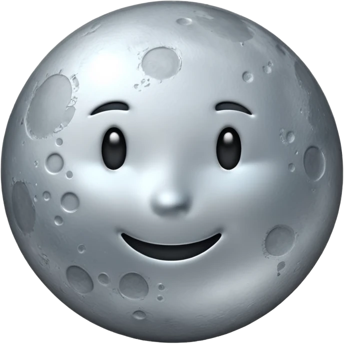 Polished silver moon emoji, chrome metallic texture, iOS emoji style, soft glow, smooth reflections, minimalistic design emoji