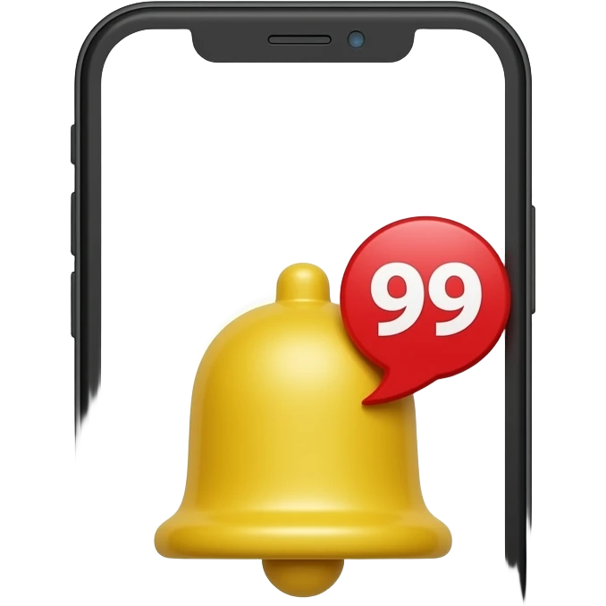 “smartphone emoji, black outline, white screen, yellow bell icon, red notification badge ‘99’, flat vector, clean, centered, no background” emoji