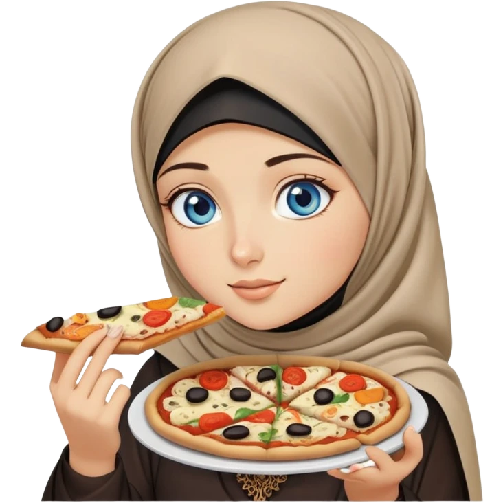 Turkish beautiful finish Konya girl blue eyes with beige and black hijab islamic dress and eating with her hand a slice of vegetable pizza  emoji