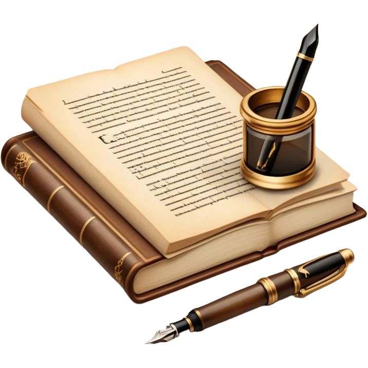Create a vibrant emoji representing prose writing. The design should feature an open book with pages showing unfinished prose, a classic fountain pen or quill with black or dark blue ink, and an antique inkwell next to it. The pages should have visible lines of text, but some should remain unfinished, symbolizing the creative process. Use warm, earthy tones like brown, gold, and cream for the book and background, with the ink and pen in black or dark blue. The emoji should convey the idea of storytelling, creativity, and the unfinished nature of literary work. Make the background transparent. emoji