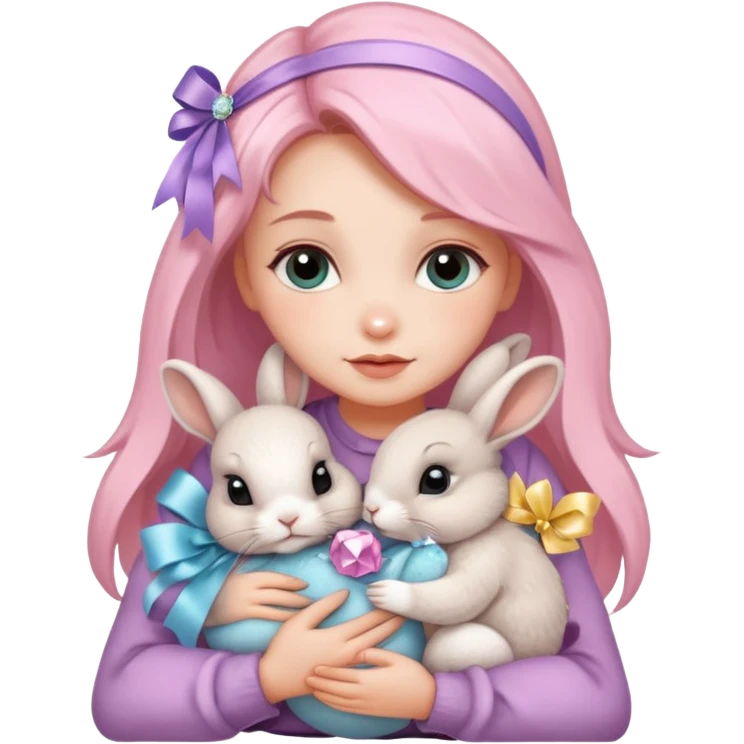 woman hugging baby rabbits with ribbons and crystals emoji
