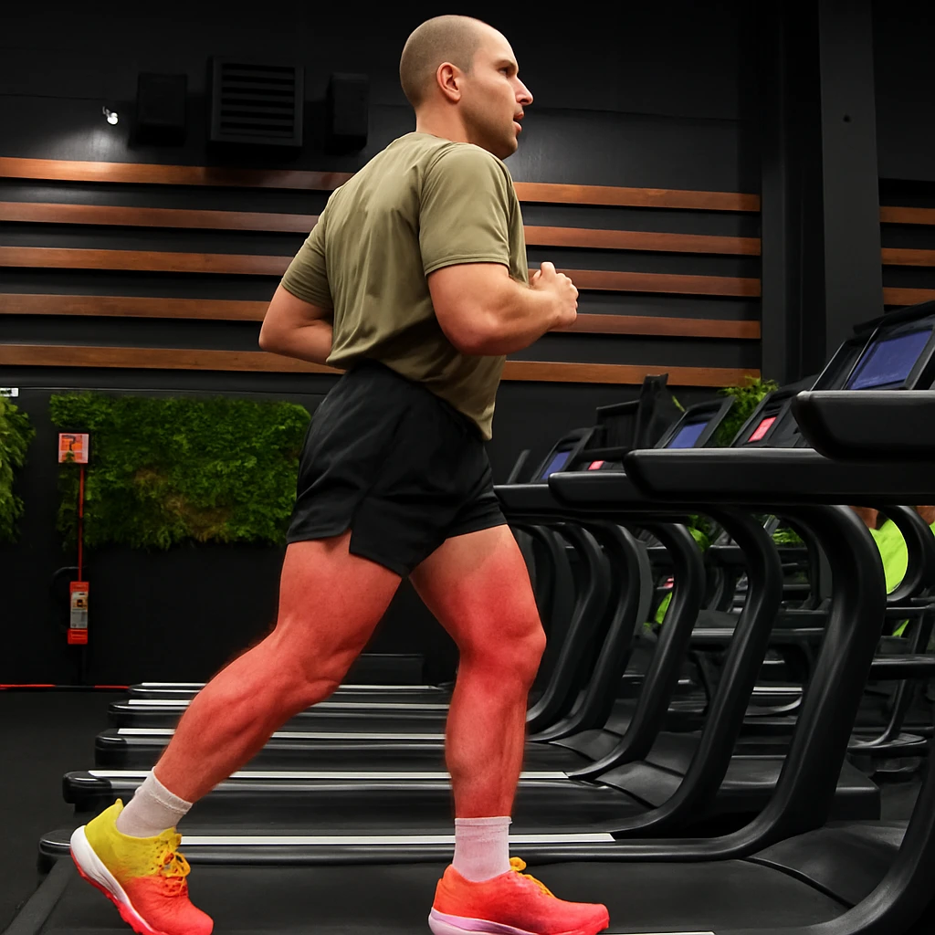 Maintain the realistic style of the man as in the photo, but modify only the legs to appear reddened and inflamed to show muscular and joint overload. Keep the rest of the body unchanged. The style should remain realistic. emoji
