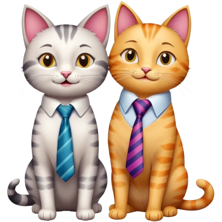 happy girl cat with eyelashes wearing a colorful necktie and happy boy cat wearing a professional necktie standing together and holding paws, both with loving expressions emoji