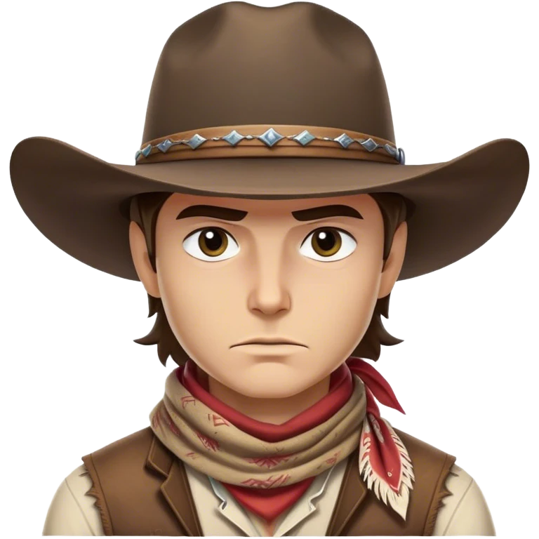 Clash of Clans aesthetic friendly Cowboy Portrait Emoji, With a rugged yet stylized build wearing a classic wide-brimmed hat and bandana, his face rendered in a natural skin tone (not yellow), determined eyes and a steely gaze, Simplified yet dynamic features, highly detailed, glowing with a warm, sunlit frontier radiance, high shine, brave and spirited, stylized with an air of Wild West heroism, focused and ready, soft glowing outline, capturing the essence of a fearless cowboy adventurer ready to ride into epic quests! emoji