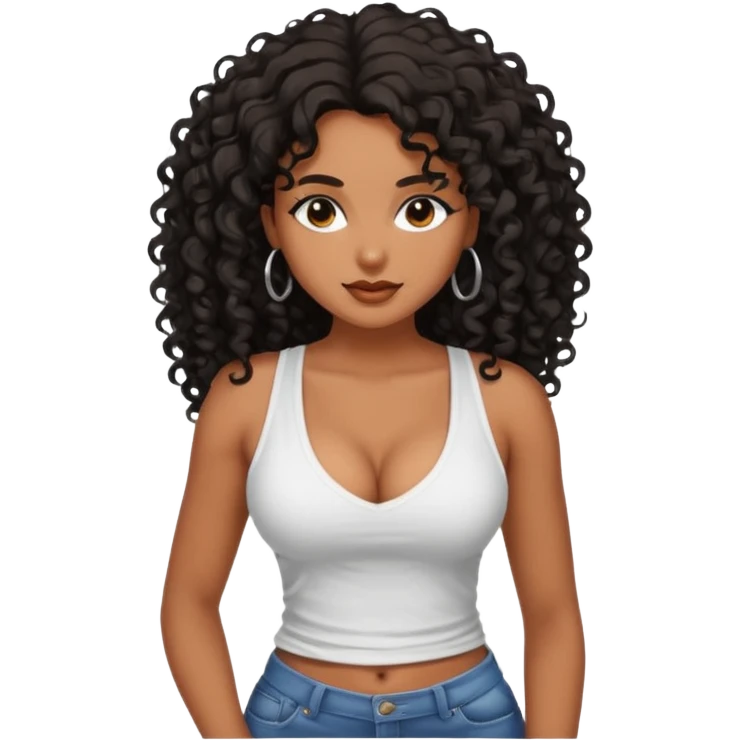 brown skinned lady with curly black hair long hair, messy, nice curves, busty, low cut tank top emoji