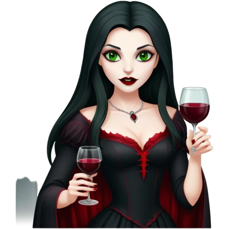 A beautiful vampire countess in a black dress with neat fangs and blood on her lips in her hands a glass of red wine. The Countess is very slim with long dark hair and green eyes emoji