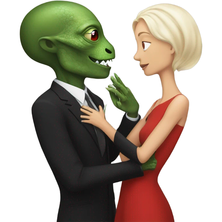 White man in black dress hugs and kissing Alien reptilian woman in red dress  emoji