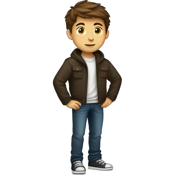 tech boy with brown hair, arms folded, side profile standing full body, zoom in emoji