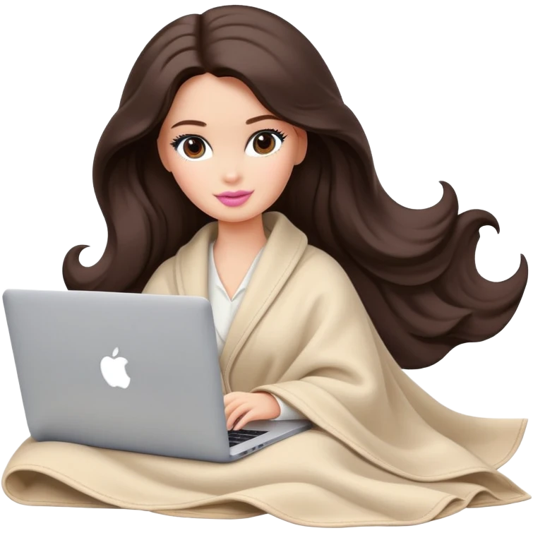 Barbie girl with a long wavy dark brown hair in pale beige clothes inside a pale beige blanket working macbook  emoji