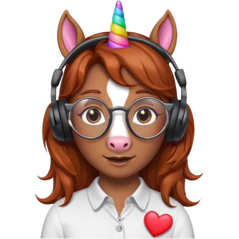 headphone wearing unicorn with dark ginger hair and heart shaped spectacles emoji