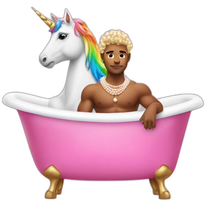 Posh-muscle-boy-with-pearl-necklace-and-rainbow-unicorn-hair-in-golden-bathtub emoji