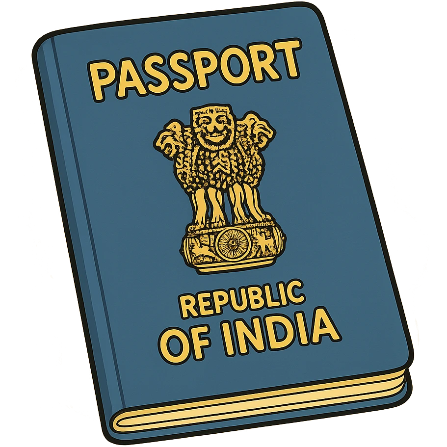 cartoon style Indian passport, blue cover with gold emblem, slightly tilted emoji