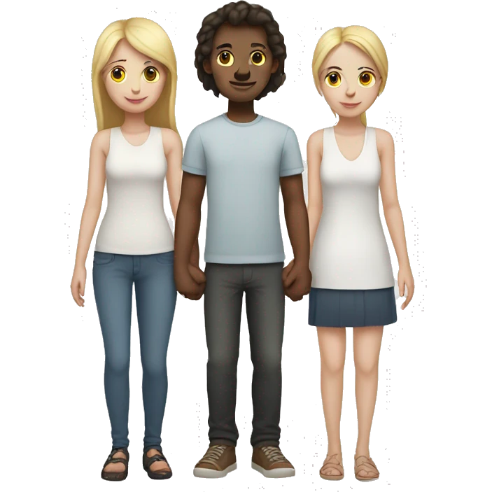 Two girls and one guy holding hands, white skin emoji