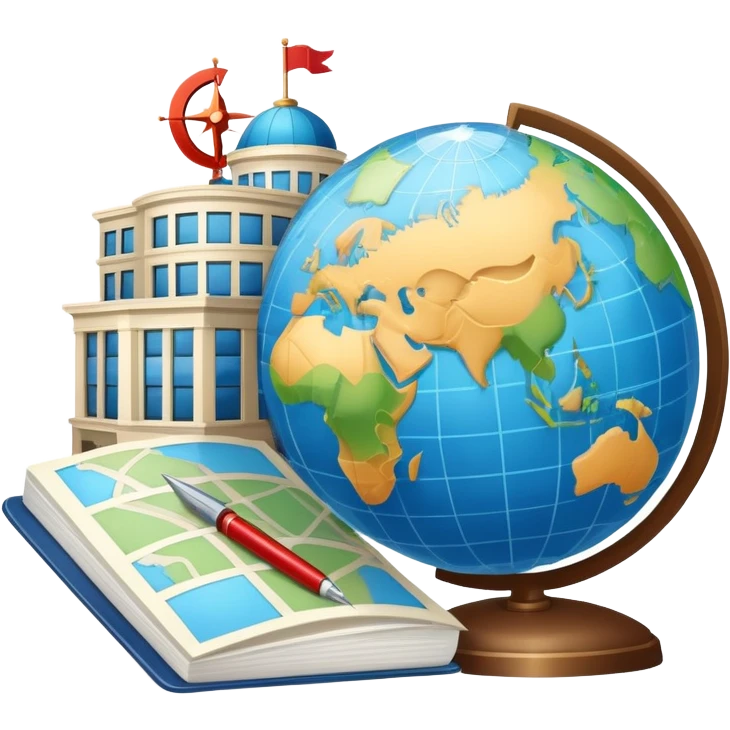 An icon featuring a hotel building, and a globe, symbolizing the scientific study of tourism and hospitality. The design includes a map, a compass, and a checklist, representing travel planning and service management. Transparent background highlights the academic exploration of the tourism industry emoji