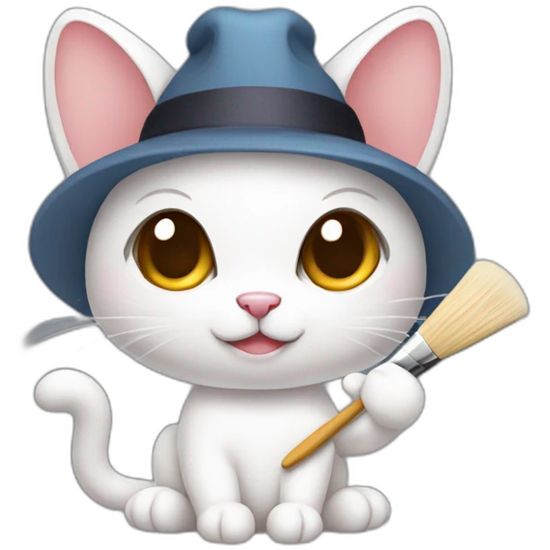 Kawaii cat artist in hat holding palette and brush so it can be used as a mouse cursor emoji