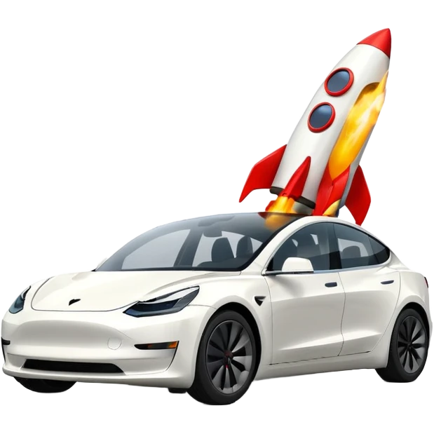Tesla model 3 white.  Rocket boost on roof  emoji