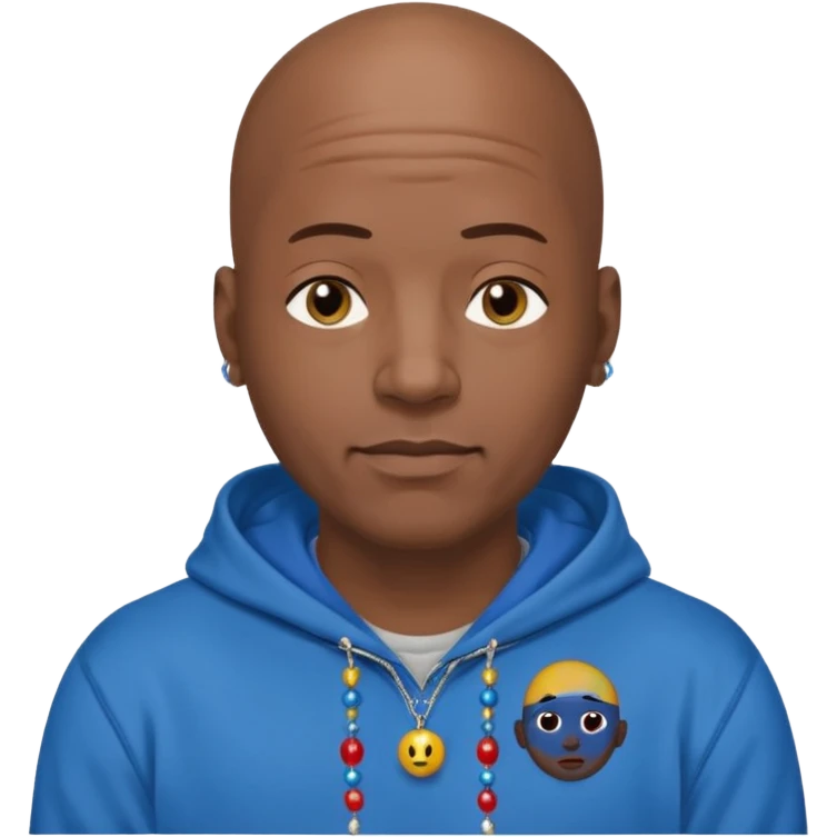 Bald black guy 40 years old with blue hoodie and and bead emoji emoji