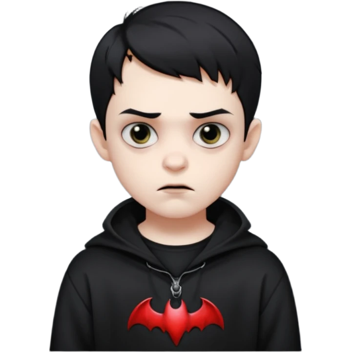 Vampire boy with the short black hair, pale-white skin, black eyes, little fangs and dark circles under his eyes. He has serious face and he wear a black oversize sweatshot emoji