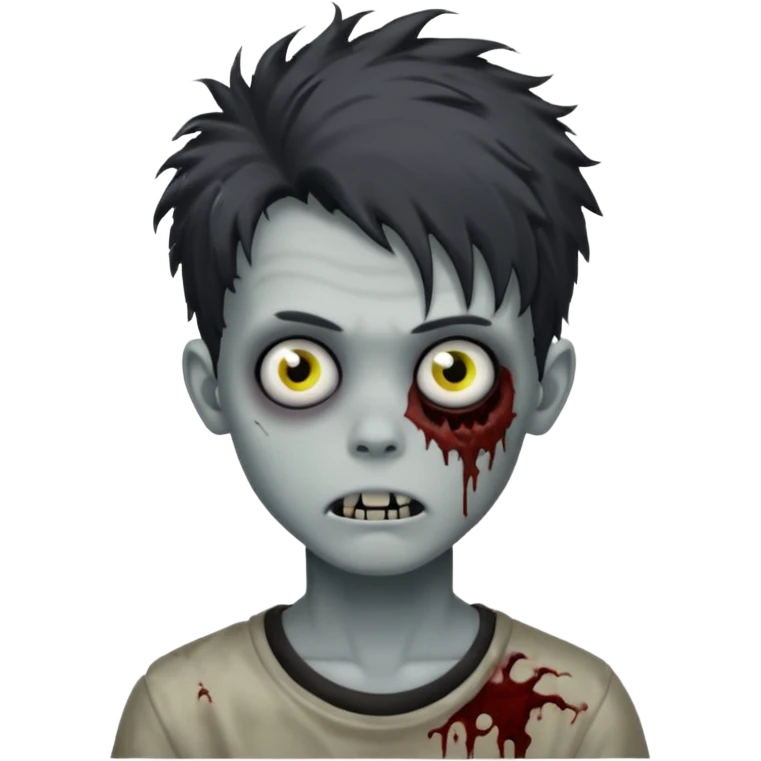 Zombie Boy with black large messy hair and teenager aparience, black background emoji