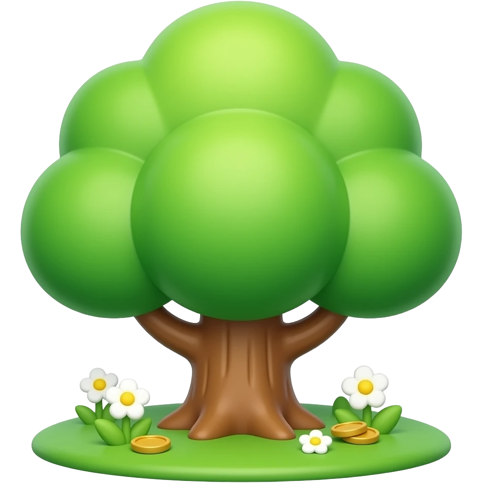 3D glossy tree emoji, rounded thick green canopy, brown trunk, small grass base, white background, small white and yellow flowers instead of coins. emoji
